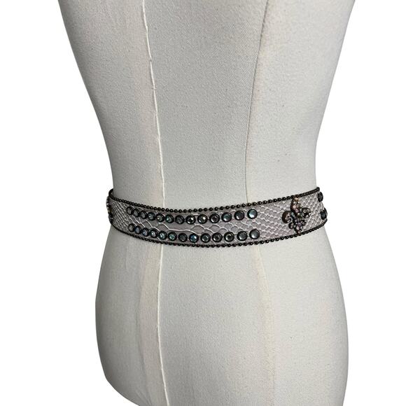 Nocona Leather Belt Womens Large White Western Fleur De Lis Rhinestone Studded main image 3